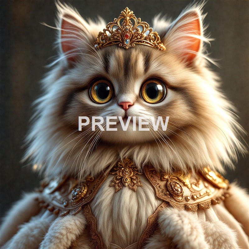 A fluffy, long-haired cat with large, golden eyes wearing a small, ornate crown and a luxurious, gold-embellished cape.